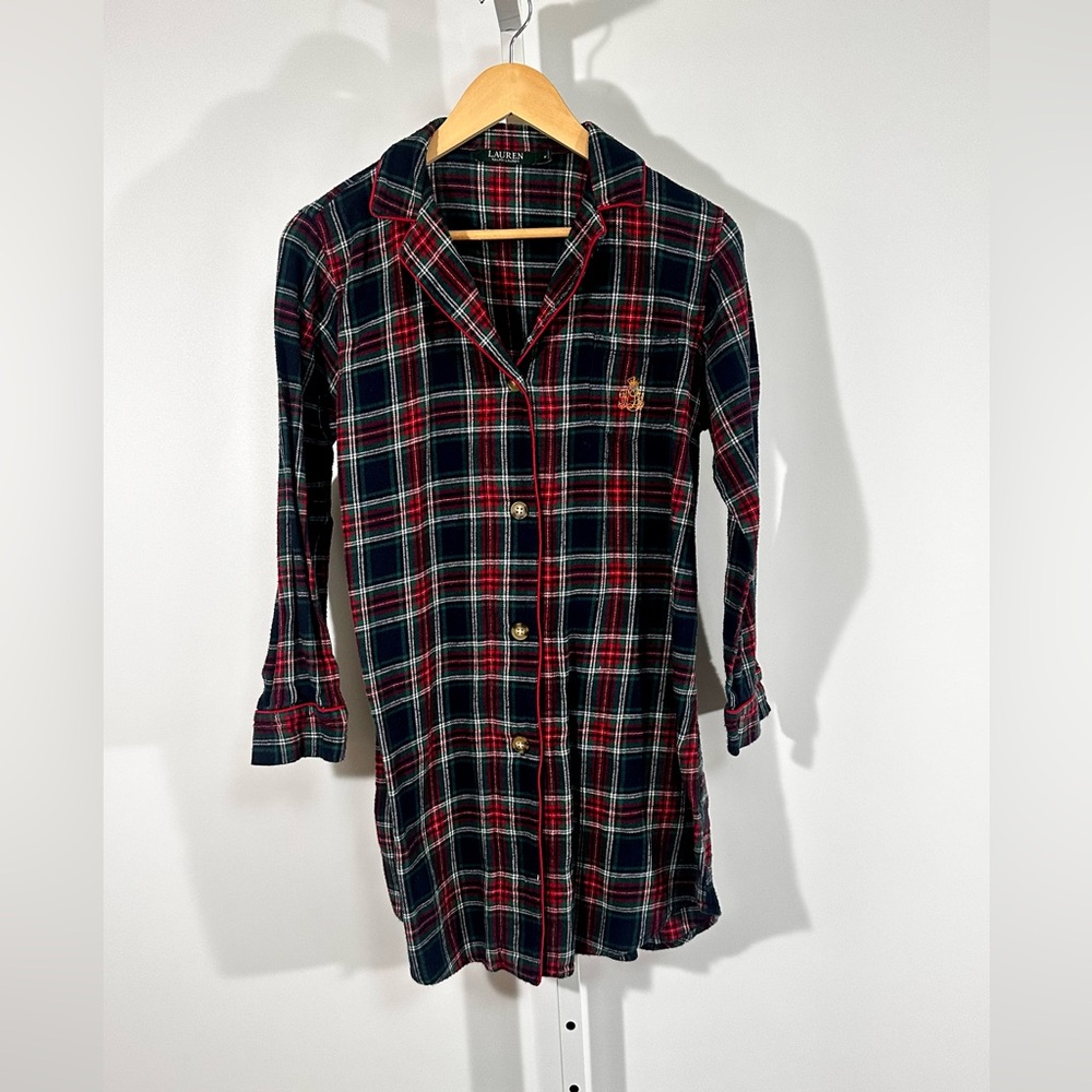 Lauren Ralph Lauren Navy Red Plaid Long Pajama Shirt